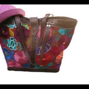 Hand stitch handmade leather embroidery tote bag